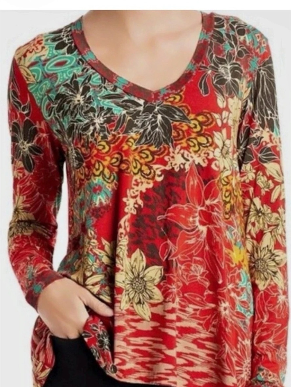 Johnny Was Floral V-Neck bamboo long sleeve swing in Red & Multicolor Like New